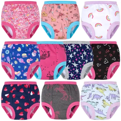 Big Elephant Girls' 10-Pack Potty Training Pants for Toddlers, Reusable Cotton Potty Training Underwear, Elastic Waist, Limited Absorbency, Cute Mixed Prints, Sizes 1T-9Y,sohochic