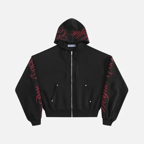 Aelfric Eden Mens Cropped Ribbed Zip-Up Hoodie - Menswear, Script Embroidery, Studded Pocket, Heavyweight Cotton-Polyester Fabric, Baggy Sleeves, Ribbed Hem, Casual Boxy Streetwear Alternative Essential (Pairs with Sweatpants)