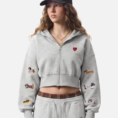 Aelfric Eden Women's Casual Cropped Hoodie Embroidered Dachshund, Zipper Up Front, Ribbed Sleeves, Soft Fabric