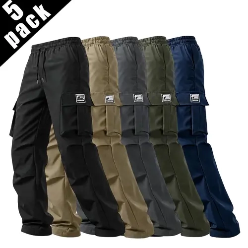 5 Pack Men’s Cargo Casual Athletic Pants – 100% polyester fabric, regular straight fit, multifunctional pocket design, machine washable, comfortable all year round, ideal for workouts and everyday wear