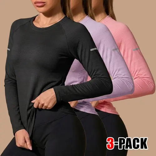 Women's 3-Pack Quick-Dry Long-Sleeve Crew Neck Plain Sweatshirts - Breathable, Comfortable Athletic Tops for Spring, Autumn, Gym Clothes Women Fitness Workouts