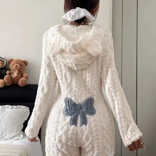 Women's Fall and Winter Bow-Embroidery Hooded Fleece Romper Loungewear, Comfortable Fashion Design, Soft and Cozy for Home Wear Pajama