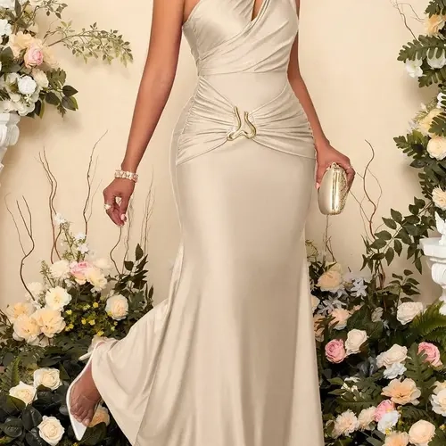 Knit Lustrous Fabric Mermaid Maxi Dress, Statement, Asymmetrical One-Shoulder Cutout Gown, Gold Metal Waist Buckle, Waist Ruched Design, Stretch Formal Evening Dress, Wedding Guest Bridesmaid Dress, Solid Color Options, Friendly for Curvy Pear Shapes