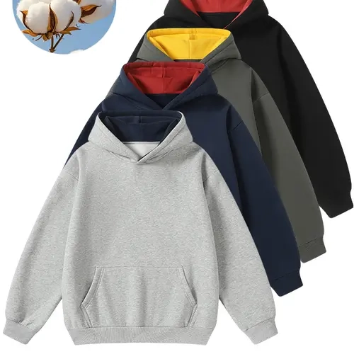 Men's Loose-Fit Plain Poly-Cotton Casual Hoodie - Mens Clothing, Long-Sleeve Pullover, Blue-Black Heavyweight Urban Streetwear, Smooth Soft Breathable Ribbed Textured Fabric, Ribbed Hem, Machine-Washable Daily Outdoor Wear, Men's Hoodies