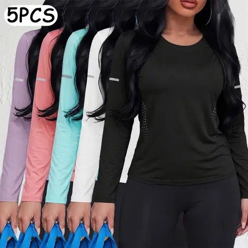 Women's 5-Piece Slim-Fitting Long-Sleeve Polyester Blend Basic Tshirt - Machine Washable Medium-Length Casual Activewear, Athletic Sports Clothes for Hiking, Office