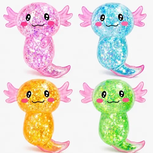 4PCS Glitter-Filled Cute Animal Axolotl Squishies, Soft Fidgets Squishies, Unisex Stress Relief Sensory Fidget Toy, Kids' Birthday Party Favors Gift