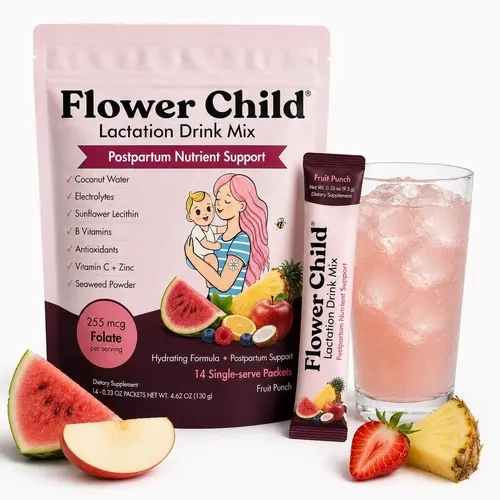 Flower Child Lactation Drink Mix for Breastfeeding Moms, Prop 65 Safe Electrolyte Powder with Coconut Water, Folate, Vitamins C, B6, B12, Zinc, 14 Packs for Postpartum Hydration & Daily Nutrition