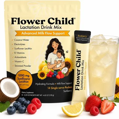 FLOWER CHILD Lactation Drink Mix 14 Stick Packs — 1,000 mg Sunflower Lecithin, Electrolytes + Coconut Water Powder, Vitamins B6 B12 C, Sunberry Flavor, Hydration & Milk Flow Support for Breastfeeding Moms