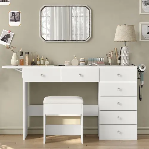 FUSOU 43.3" Modern White Glass-Top Vanity Desk - 7-Drawer, Drop Leaf, Wood Dressing Table with Charging Station, Stool, Portable Mirrors Option (No Mirror Included) for Bedroom