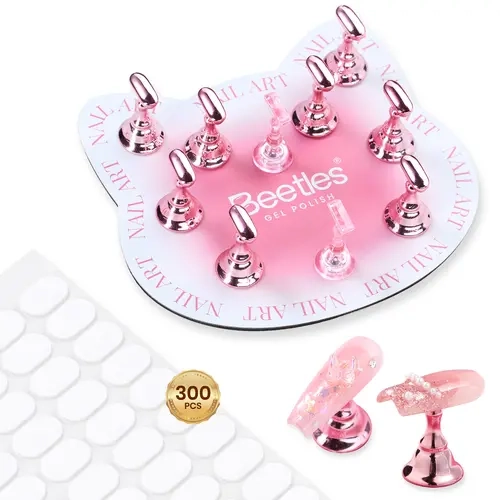 Beetles Pink Cat Head Magnetic Press-On Nails Kit Set, Metal Base Holder with 300 Pcs Tape for UV Design, Beginner Home DIY Press-On Nail Tab Manicure Tool