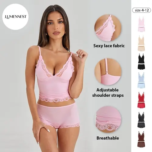 LUMENNEST Women's 2-Piece Elegant Lace Camisole Underwear Set - Minimalist Spaghetti Straps, Deep V-Neck, Wirefree, Breathable Pull-On Camisole & Panties, Super Soft 2-Piece Sets, Two Piece Sets, Lace Camisole Underwear Sets