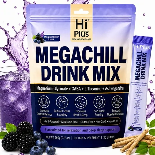 HiPlus MEGACHILL Calming Drink Mix with KSM-66 Ashwagandha Vitamin D3 Magnesium & L-Theanine Supports Cortisol Balance Mood Sleep 30 Servings Travel Packets Dietary Supplement