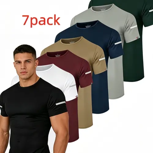 7‑Pcs Men’s Printed Reflective‑Stripe Crew‑Neck Short‑Sleeve T‑Shirts, Breathable Quick‑Dry Moisture‑Wicking Light‑Weight Summer Pullover Tops, Multi‑Purpose Athletic Wear for Gym, Running, Outdoor Training, All‑Day Casual Outfits Training Casual Wear