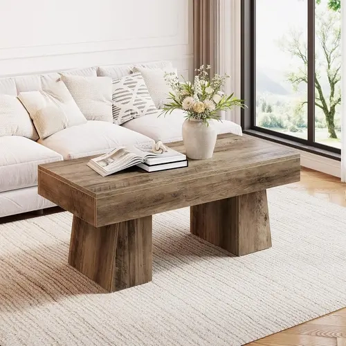 Tribesigns Farmhouse Coffee Table, 47 Inches Wooden Rectangular Accent Center Tables with Thick Base, Modern Low Cocktail Tea Furniture for Living Room (Rustic Brown)