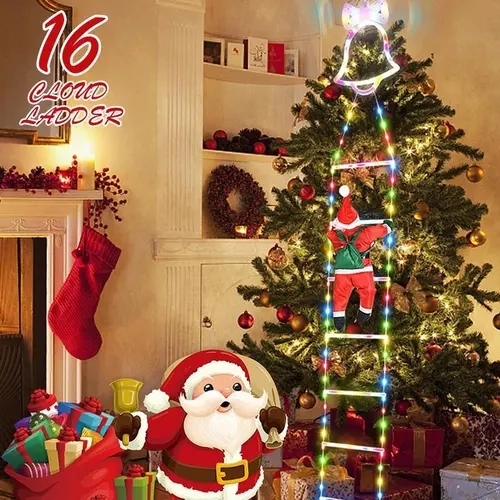 Plastic Battery-Powered Waterproof Static Santa Climbing Stairs Light with LED Bulbs, Ladder, Rope, Tree Compatibility, 8 Flashing Modes, Removable, Easy Installation, Durable, Family Gifts, Indoor/Outdoor Christmas Decorations (Batteries Excluded)