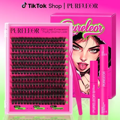 PURELEOR Flawless D-Curl Cluster Lash Set - Lightweight Fluffy Eyelashes Cluster (10-12-14-16mm Mixed) DIY Extensions Kit with Lash Glue and Bond, Tweezers, Remover for At-Home Quick Make Up