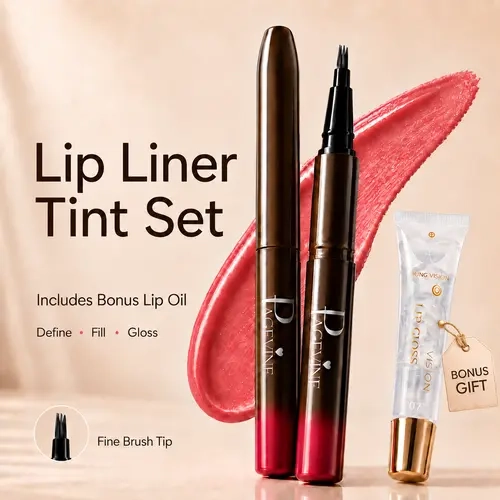 Long-Lasting Lip Liner Stain Pen with Precision Brush Tip & Clear Lip Oil, 2-Piece Lip Makeup Set for Defined, Glossy Lips
