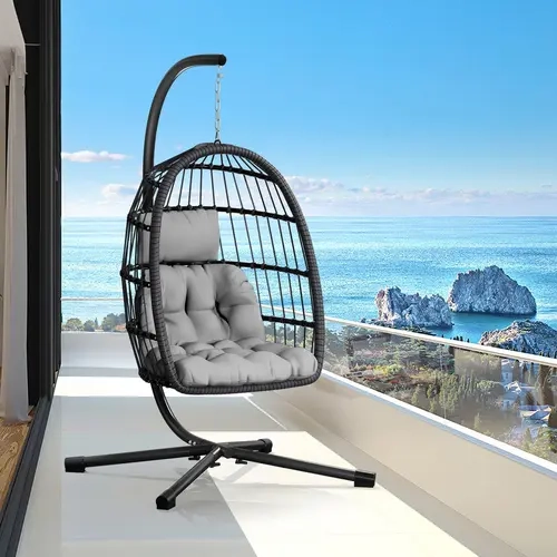 LEVELEVE Oversized Round Swing Chair with Stand - Single-Seat Patio Swing Outdoor, Thick Aluminum Alloy Frame, UV-Resistant Waterproof Vine Cushion, 350lbs Max Capacity, Modern Design, Simple Setup, for Porch Decor, Patio Swings Outdoor