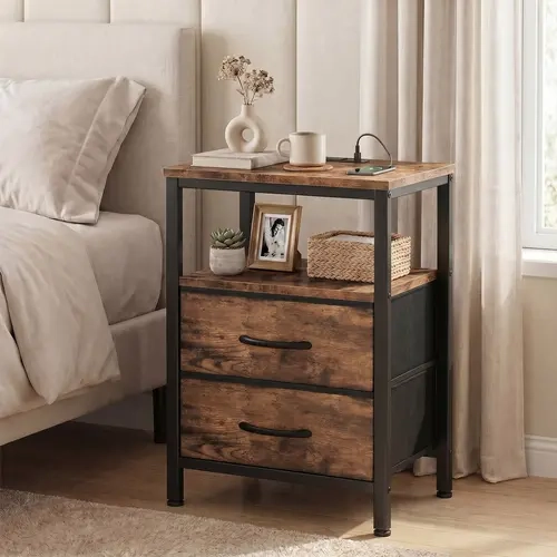 Nightstand with Charging Station - 3-Tier End Table with 2 Fabric Drawers, USB Ports & AC Outlets, Rustic Wood Bedside Table with Storage Shelf
