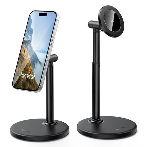 Lamicall Magnetic Smartphone Stand - Adjustable Height MagSafe Desk Mount, Durable Metal + TPU Phone Accessories with Weighted Base, Hands-Free Magnetic Phone Holder for iPhone 13-18 Series, Landscape View Compatible