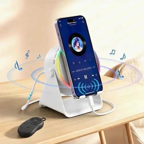 5-in-1 Wireless Magnetic Bluetooth Speaker Stand, 3500mAh Rechargeable Portable Charger Built-in, 360° Adjustable Phone/Tablet Holder, Colorful Ambient Light, Latest Version for iPhone 18, Boyfriend Gift