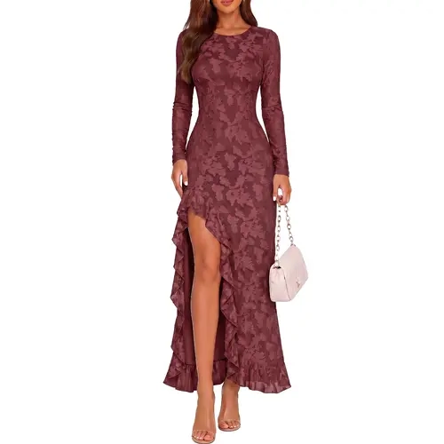 BORIFLORS Women's Fall Long Sleeve Maxi Formal Dress - Floral Embroidery Mesh, Bodycon, Sexy High Slit, Crew Neck, Ruffle, Double-Lined - Elegant Formal Wear for Wedding Guests, Cocktail Prom Parties - Y2K Clubwear, Dresses For Women