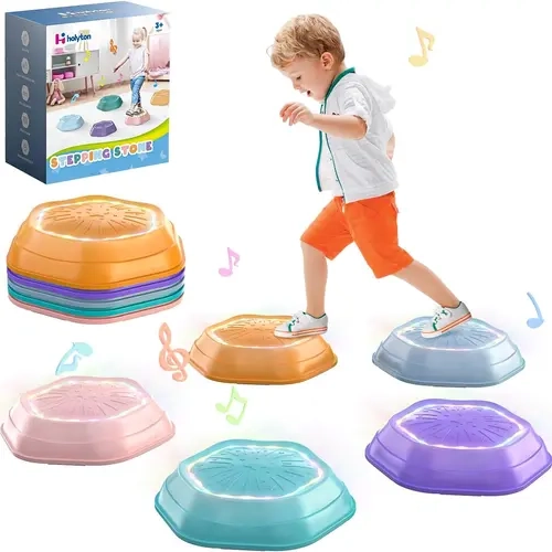 Light-Up Musical Stepping Stones for Kids, 5 Pack | Rechargeable Batteries, Non-Slip, Indoor Outdoor Active Play, Sensory Balance Toy for Toddlers, Ages 3-8#backtoschool #sohochic