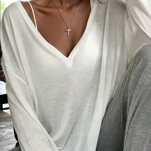 Relaxed Large V-Neck Casual Long Sleeve Overshirt, Loose Drop Shoulder Lazy Inner Wear, Solid Color Top for Outerwear