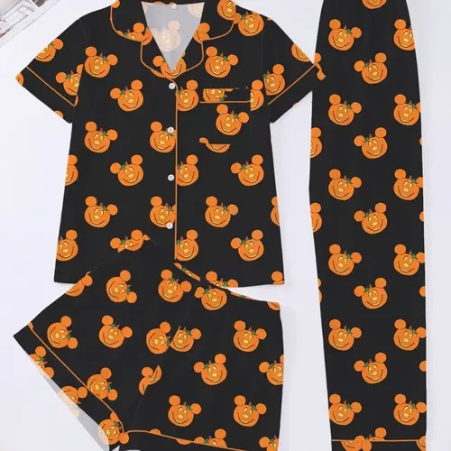 Halloween Pajama Set 3-Piece Cartoon Pumpkin Print, Short Sleeve Button Front Top, Elastic Shorts and Pants, Elegant Daily Wear Sleepwear Pajama Set