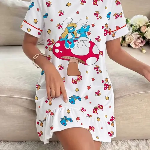 Women's Cartoon Print Nightdress, Round Neck Short Sleeve, Comfortable Loose Fit, Elegant Daily Wear, Festival Pajamas, Casual Homewear, Printed Nightgown
