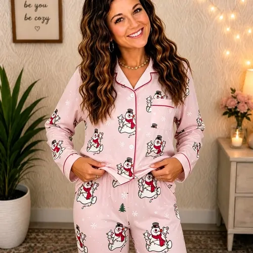 Christmas Retro Pajama Set, Vintage Snowman & Light Print, Comfortable 2-Piece Long Sleeve Button Home Wear Loungewear, Holiday Winter Sleepwear
