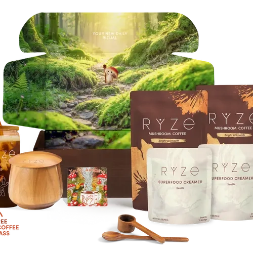 RYZE The Collection Set Organic Mushroom Coffee Starter Kit - Organic Mix Beverage, Instant Beverage, Natural Coffee Mushroom Blend with Creamer & Accessories