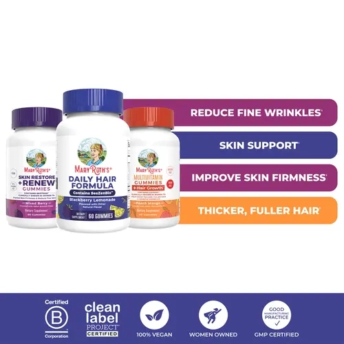 MaryRuth's Multivitamin + Hair & Skin Gummies Bundle - Daily Hair Formula Gummies 60 ct - Skin Restore + Renew Gummies 60 ct - Multivitamin + Hair Growth Gummies 60 ct