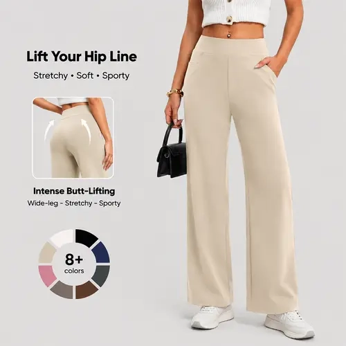 WIHOLL Women's High-Waisted Stretchy Wide-Leg Polyester Pants - Comfortable Tailored Minimalist Business Casual Office Slacks, Front Pockets, Everyday Flowing Trousers, Cold Machine Wash Womenswear Bottoms