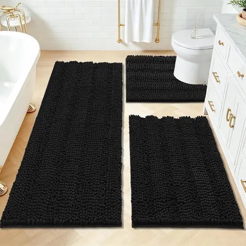 [FallDealsForYou] HEBE 3-Piece Soft Chenille Bathroom Rug Set - Anti-Slip, Washable, Super Absorbent Thick Plush, U-Shaped Toilet Mat Included, Contemporary Bath Mats for Shower & Tub, Bathroom Decor Set