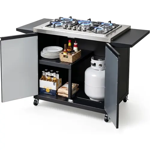 ROVSUN 5 Burner Propane Stove with Storage Cabinet & Side Shelves, Portable Outdoor Gas Burner with Auto-ignition, Regulator & Wheels for Backyard Kitchen Patio Cooking Brewing Frying