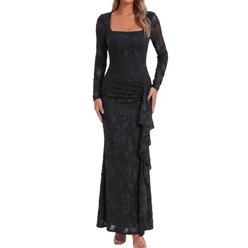 Kaximil Women's Elegant Square Neck Floral Embroidered Mesh Long Sleeve Maxi Dress,  Fall Ruched Waist Ruffled Side Drape Slim Bodycon Gown, Formal Evening Cocktail Prom Party Wedding Guest Dresses, Black Friday Deals, Halloween Party Sexy Slim Fit Dress