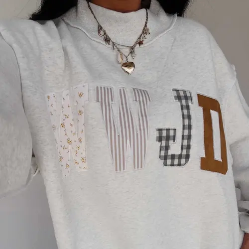 Women's WWJD Embroidered Graphic Floral Colorful Mock Neck Ribbed Sweatshirt - Comfortable Loose-Fit Cotton-Polyester Blend, Casual Medium-Length Long-Sleeve Plaid Style Pullover Top, Machine-Washable