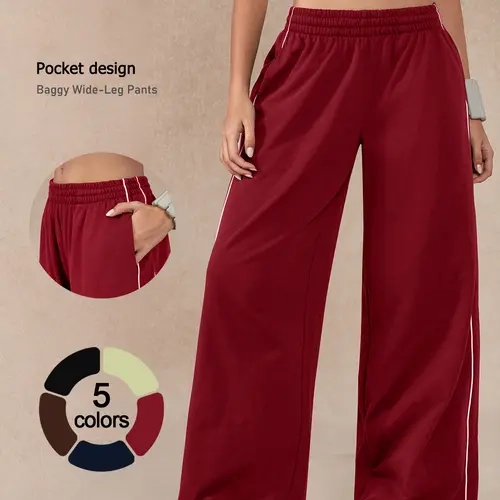 [TIMEOFF] Lady's Basic Oversize Style All-Season Solid High-Waist Wide-Leg Trousers, Elastic Comfortable Casual Sweatpants with Side Pockets, Soft Breathable Fabric for Gym Workout Daily Wear