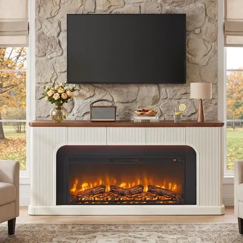 【2 Packages Shipping】Giratree 70'' Fireplace TV Stand with 42'' Electric Fireplace, Farmhouse TV Stand for 65 80 Inch TV, Entertainment Center TV Console with 3 Drawers, Fluted Design, for Living Room, Wood Tv Stand, Tv Console Cabinet