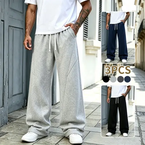 Men Cotton Wide Leg Sweatpants, Drawstring Loose Straight Leg Pants, Casual Soft Stitch Trousers for Autumn Winter Daily Street Wear Workout Hangout style