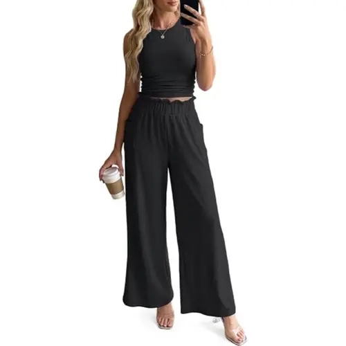 KFUBUO 2 Piece Pants Set for Women Summer Outfits Lounge Sets Knit Sleeveness Tank Top and Wide Leg Pants
