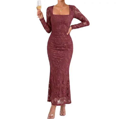 BORIFLORS Women's Chic Square Neck Floral Embroidered Mesh Long-Sleeve Ruched Bodycon Maxi Dress, Formal Elegant Birthday Outfit for Wedding Guests, Evening Party Prom Cocktail Night Y2K Clubwear, Dresses for Women, Wedding Guest Dresses