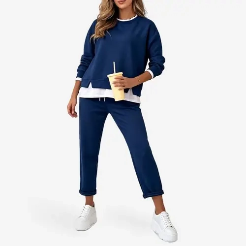 Fisoew Women's 2 Piece Set Air Layer Fabric Fake Two Piece Layered Crewneck Long Sleeve Sweatshirt & Drawstring Medium Length Cropped Jogger Pants Loungewear Set Women's Loungewear Sets Clothes Clothes Chic Lightweight Casual Breathable fall sets