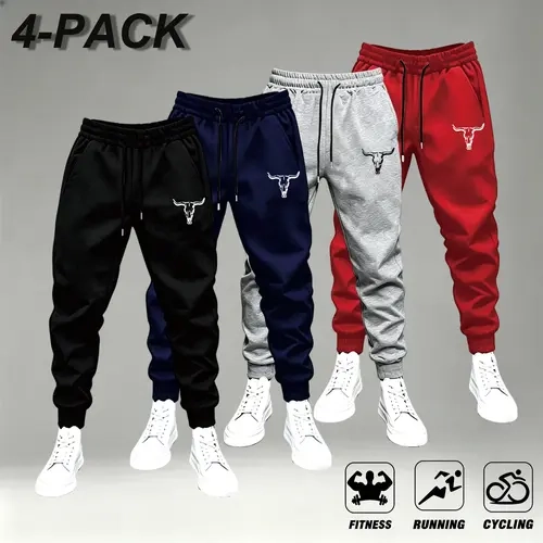 Men's 4-Pack Bull Print Drawstring Joggers - Track Pants, Male Sweatpants with Elastic Waist, Black Navy Gray Red for Fitness, Running, Casual Daily Outfits