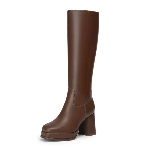Platform Knee High Boots Women Square Toe Chunky Heel Fall Boots | 3.35 Inch Chunky Heel, Pu/Suede Upper, 5mm Cushioned Insole Support, Non Slip, Durable TPR Outsole, Daily, Office, Shopping