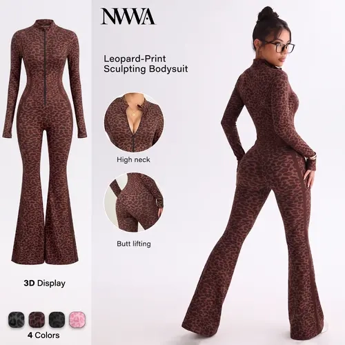 NVWA Women's Leopard All Over Print Activewear Jumpsuit - Long Sleeve Zip-Up, High Neck, Slimming Bodycon, Flared Full-Length Gym Unitard for Gym Clothes Women, Athleisure, Sexy Activewear Outings