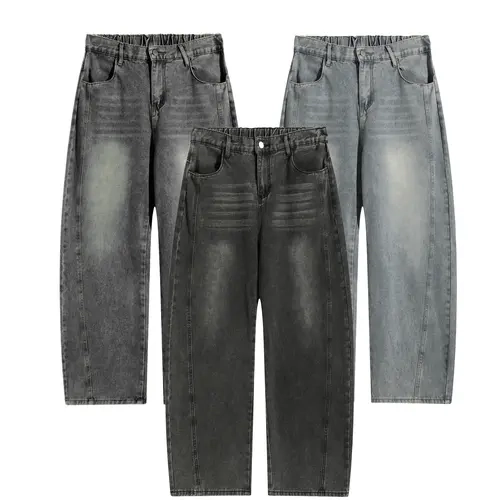 Men's Dark Gray Washed Cotton Blend Vintage Hip Hop Baggy Jeans Elastic Waistband, Wide Straight Legs, Plus Size Clothes, Long Streetwear Pants (Vintage Clothing, Men's Clothing)