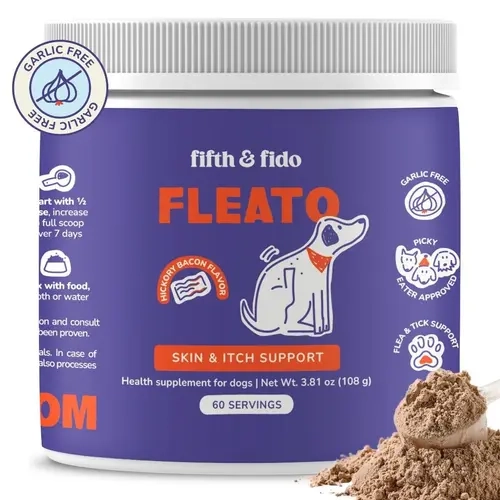 Fleato Dog Itchy Skin Support for Flea Season - Hickory Bacon Powder Food Topper, Daily Skin & Coat Support, 60 Weight-Based Servings, Garlic-Free, Made in USA