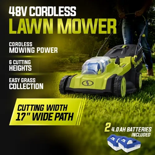 Sun Joe 48V IONMAX Cordless Garden Lawn Mower Kit - 17-in Steel Blade, 6-Position Height Adjuster, 2 x 4.0 Ah Batteries, Charger+Bag, Lawn Mowing Tool